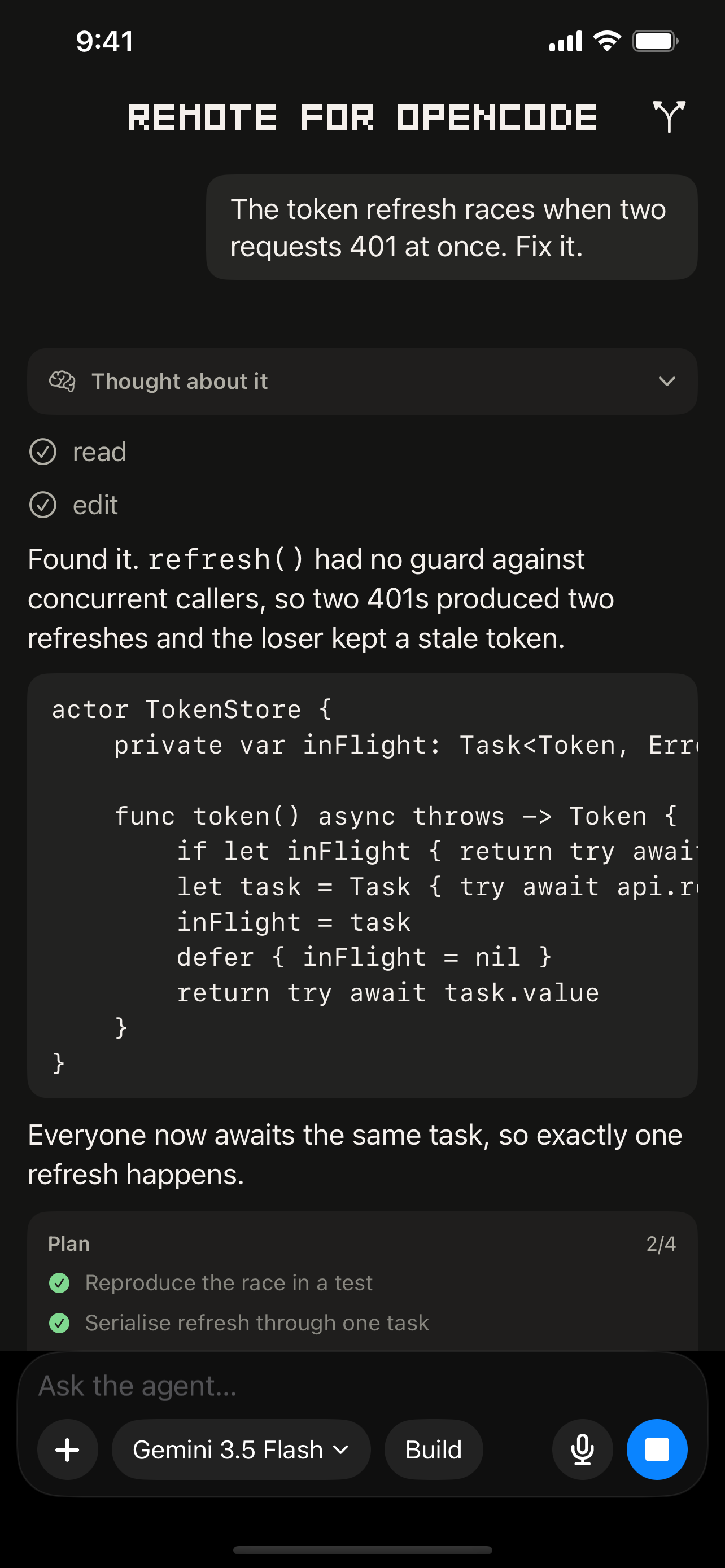 A coding agent working on a fix, with its plan and streamed answer